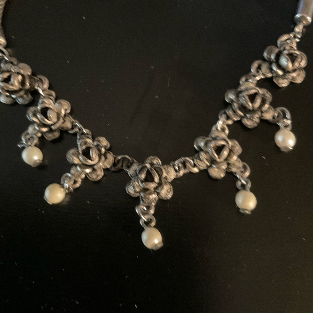 Silver Steel Floral Necklace with drop pearls